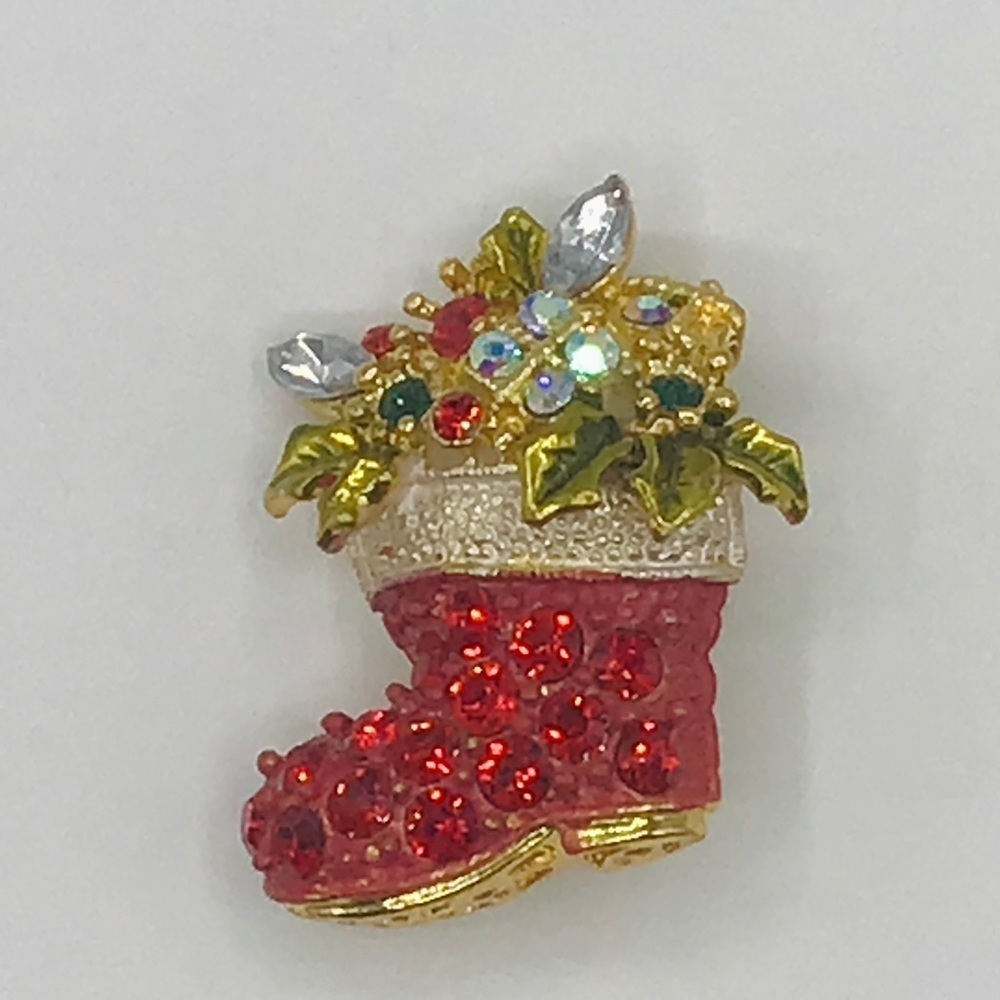 Vtg Christmas Brooch Stocking Red Rhinestone AB Crystal Holly Bow Enameled Santa